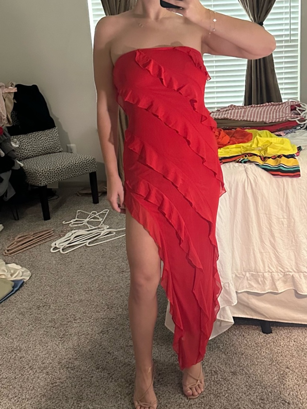 Amazon Strapless Red Asymmetric Ruffle Dress